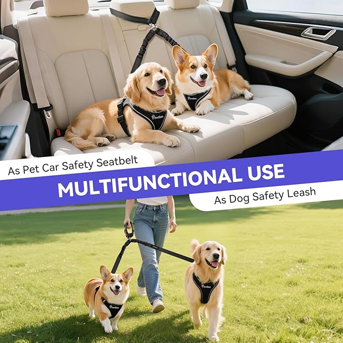 Pawaboo Dog Seat Belt for Car, Double Dogs Car Seatbelt Adjustable, 360° No Tangle Dogs Vehicle Safety Leash with Elastic Bungee Buffer, Reflective Y Shape Two Dog Cars Harness for Pets Cars Travel