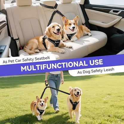 Pawaboo Dog Seat Belt for Car, Double Dogs Car Seatbelt Adjustable, 360° No Tangle Dogs Vehicle Safety Leash with Elastic Bungee Buffer, Reflective Y Shape Two Dog Cars Harness for Pets Cars Travel