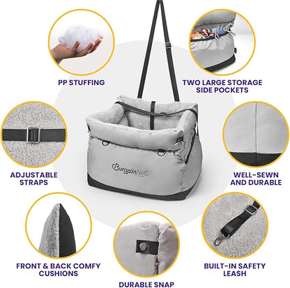 BurgeonNest Dog Car Seat for Small Dogs up to 25 lbs - Washable Pet Booster Seat with Safety Leash & Storage Pockets, Grey