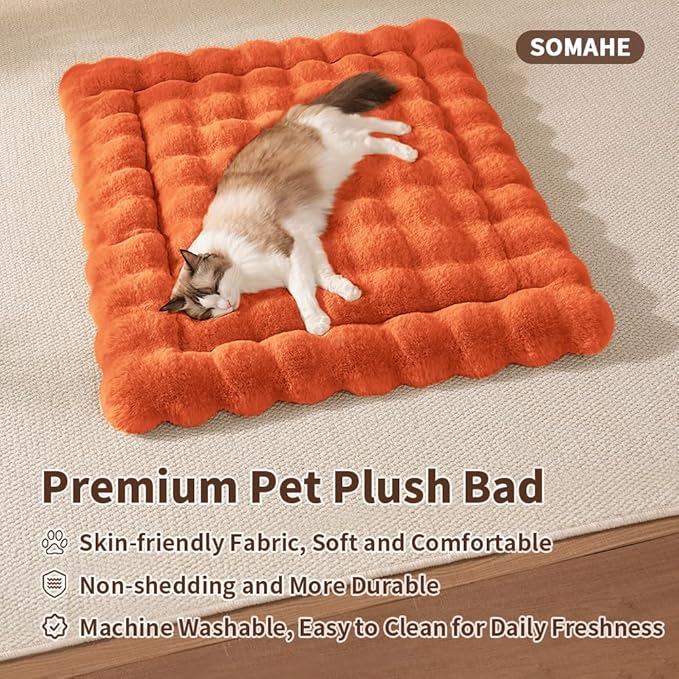 Cat Bed Mat, Soft Plush Faux Fur Kneading Pet Bed, Machine Washable Cat Sleeping Pad for Indoor Cats & Kittens, Non-Slip Fluffy Cat Rug for Couch Sofa Floor, 23x15 Inch Orange