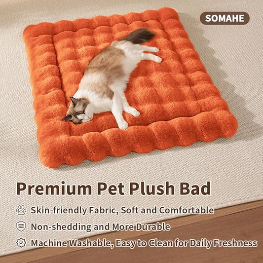 Cat Bed Mat, Soft Plush Faux Fur Kneading Pet Bed, Machine Washable Cat Sleeping Pad for Indoor Cats & Kittens, Non-Slip Fluffy Cat Rug for Couch Sofa Floor, 23x15 Inch Orange