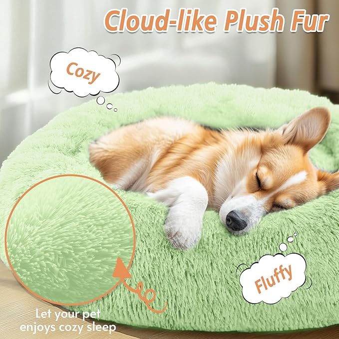 JOLLYVOGUE Calming Dog Bed Medium Size Dog, 31in Donut Washable Medium Pet Bed, Anti-Slip & Anti-Anxiety Fluffy Faux Fur Round Dogs Bed, Fits up to 45 lbs Pets (Light Green)