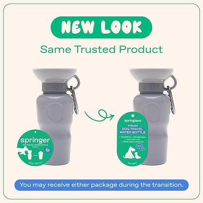Springer Dog Water Bottle | Portable Travel Water Bottle Dispenser for Dogs - As Seen on Shark Tank | Patented, Leak-Proof Bottles Fill Bowl with Water - Ideal for Walking | BPA-Free 22oz Gray