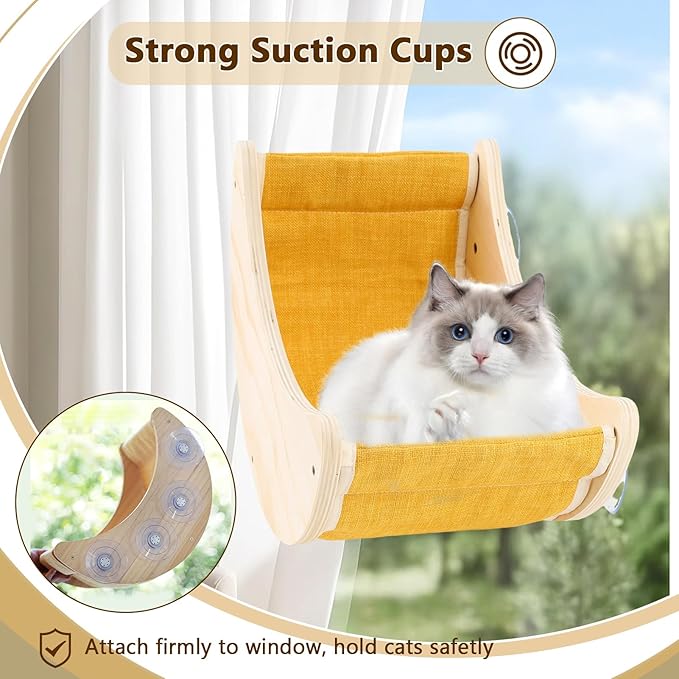 Cat Window Bed, Window Seat for Cats Inside, Wooden Half Moon Shaped Cat Window Perch with Strong Suction Cups for Sleep and Watch Birds