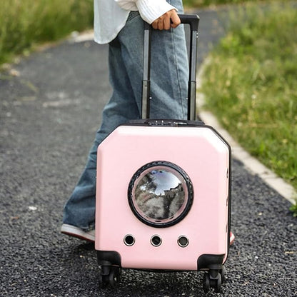 Double Compartment Pet Luggage with Wheels Cat Dog, Telescoping Handle Breathable Transparent Cover for Small and Medium Animals (Cyan)
