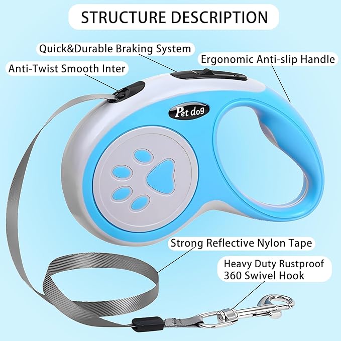 Retractable Dog Leash, VELIGOOD 5M/16FT Extendable Dog Lead with Strong Nylon Tape Tangle-Free One-Handed Brake, Pause, Lock for Small Medium Dogs (Blue)
