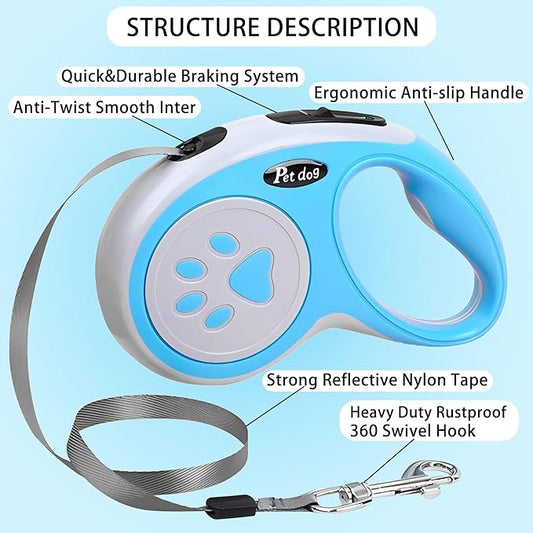 Retractable Dog Leash, VELIGOOD 5M/16FT Extendable Dog Lead with Strong Nylon Tape Tangle-Free One-Handed Brake, Pause, Lock for Small Medium Dogs (Blue)