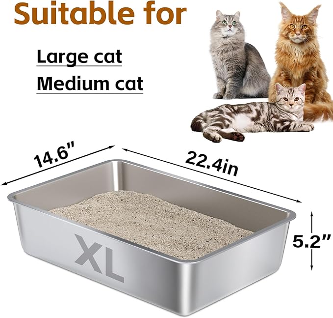 Stainless Steel Litter Box XL 2Pcs,XLarge Metal Cat Litter Box,Cat LitterBox Easy to Clean,Stainless Steel LitterBox for Large/Medium Cats,No Stick No Smell