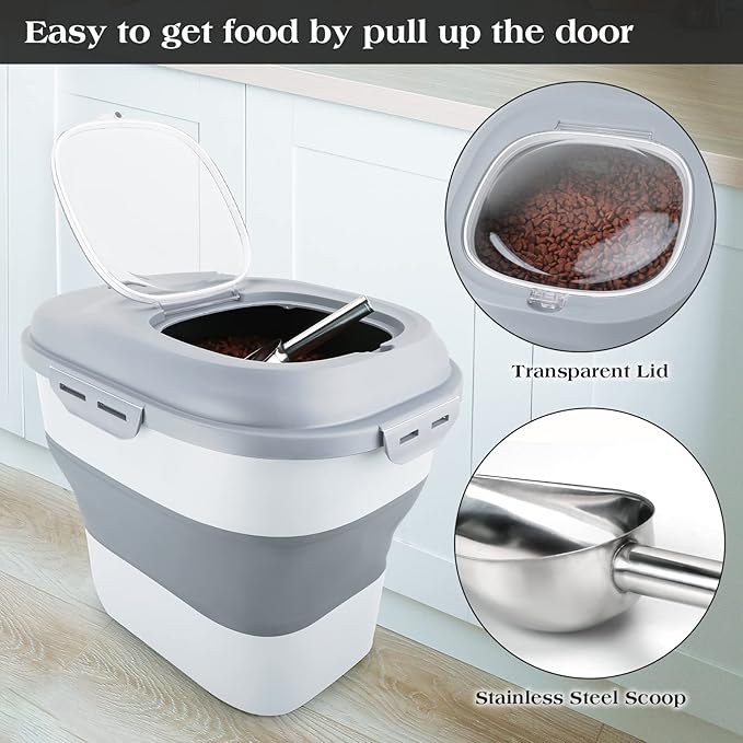 Dog Food Storage Container, Airtight Collapsible 13lb to 30lb Pet Food Container with Flip Top, Rolling Wheel, Scoop and 3L small container for Dog Cat Food and Dry Food of Rice, Flour