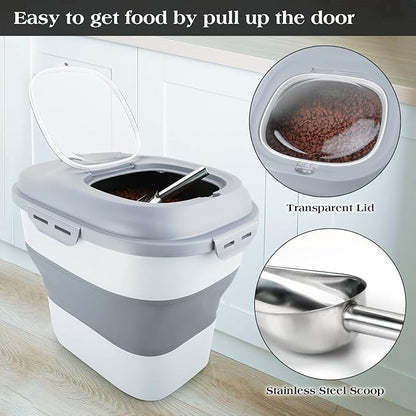 Dog Food Storage Container, Airtight Collapsible 13lb to 30lb Pet Food Container with Flip Top, Rolling Wheel, Scoop and 3L small container for Dog Cat Food and Dry Food of Rice, Flour