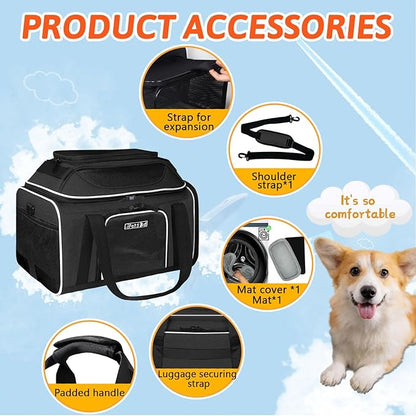 Petskd Top and Side Expandable Pet Carrier 17x11x9.5 Inches Alaska Airline Approved, Soft-Sided Carrier for Small Cats and Dogs with Locking Safety Zippers and Anti-Scratch Mesh(Black)
