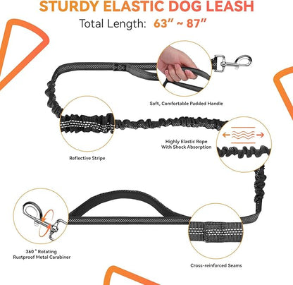 Hands Free Dog Leash with Waist Belt & Zipper Pouch, Heavy Duty Waist Leash for Running, Walking, Jogging and Hiking, Professional Tangle Free Reflective Control Lead for Large Medium Dogs