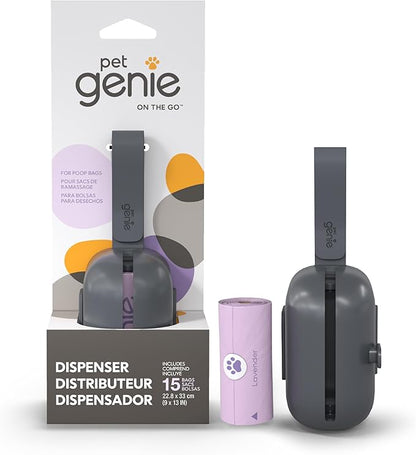 Pet Genie - On-the-Go Dog Poop Bag Dispenser for Leash - Compact & Easy to Use Device for Pet Supplies with 2-Point Secure Attachment, Includes 1 Roll (15 count) of Scented Poop Bags, (Lavender Scent)