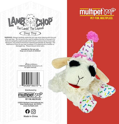 Multipet Lamb Chop Dog Plush Toy w/Birthday Hat - Squeaky Toy for All Dogs - Soft Plush - Stuffed Animal Dog Toys for Playing - Cute Birthday Toy (10.5”, Pink Hat, 5 Squeakers)