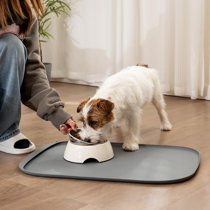 Silicone Dog Food Mat with Side Pocket & Hook Hole, Soft Raised Edges, Easy Clean Waterproof Non-Slip Pet Feeding Mat for Cats and Dogs Water Bowl, Pets Accessories(24"x16",Grey)