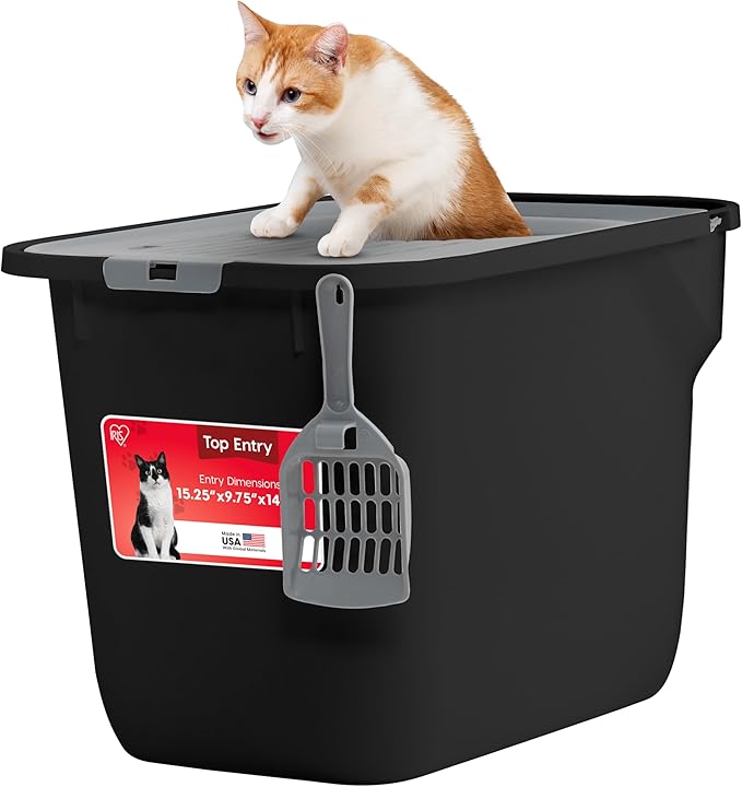 IRIS USA Large Cat Litter Box Top Entry with Lid, Enclosed Litter Box with Litter Catching Lid & Scoop, Covered Cat Litter Box Enclosure for Privacy, High Sided, Black/Gray