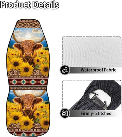 Sunflower Highland Cow Car Seat Covers Elastic Fabrics Waterproof Car Seat Cover Easy to Install Auto Interior Accessories 2 Pcs Set for SUV, Vans,Sedan,Truck