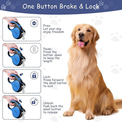 16Ft Retractable Dog Leash - for Small to Medium Dogs Up to 66lbs, Heavy Duty Retractable Leash with Light Rechargeable, Quick Lock Braking & Non-Slip Handle (Blue)