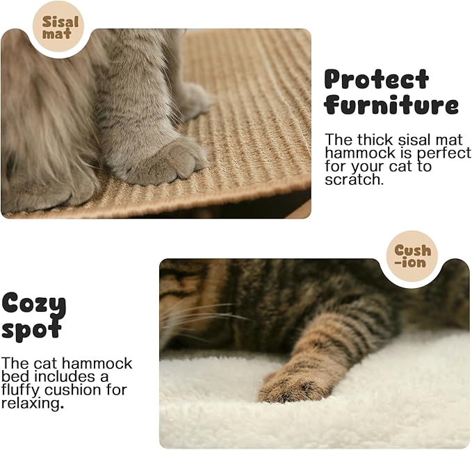 Cat Hammock Bed, Wooden Elevated Cat Beds with Natural Sisal Scratching Mat, Cats Scratcher Bed with Removable Soft Cushion, Cats Scratching Beds with Wood Frames, 22" L x 17.7" W