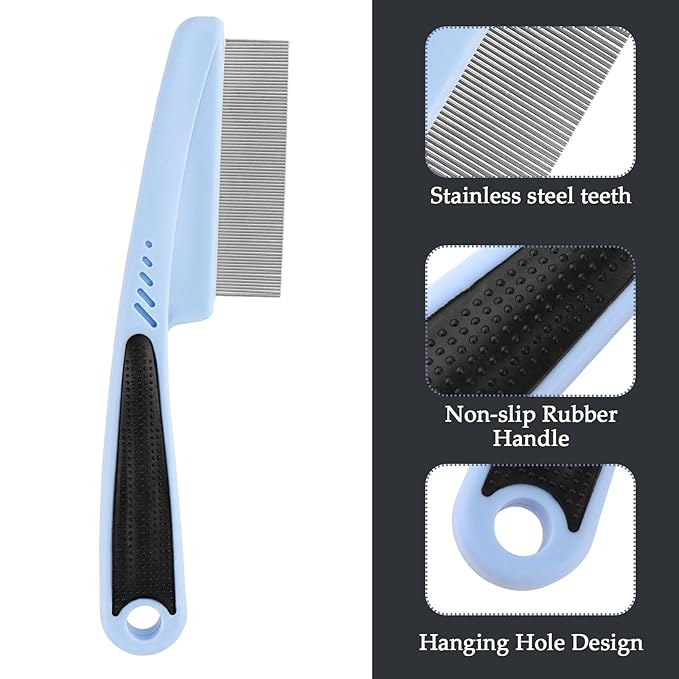 2 Pack Pet Comb, Stainless Steel Fine Tooth for Loose Hair, Knots, Pet Brush with Rubber Handle for Pet Grooming