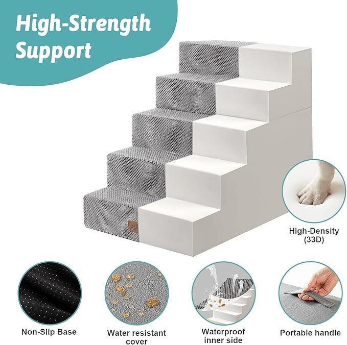 Dog Stairs for Small Dogs, 17.7" Extra Wide Detachable Pet Stairs for Couch and Bed, 23.6" H Non-Slip Dog Steps for Puppies and Old Cats, 17.7x29.5x23.6 inch, Grey