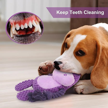 Dog Toys, Dog Squeaker Toys with Crinkle Paper, Stuffed Animal Dog Plush Chewing Toy, Cotton Rope Interactive Toys for Puppy, Small, Middle Dogs (Purple Hippo)