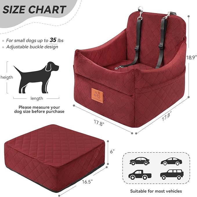 GL GLENSLAVE Dog Car Seat for Small/Medium Dogs, Dog Booster Car Seats with Thick Cushion for Dogs Under 35lbs, Detachable Washable Pet Carseat with Storage Pockets, 2 Safety Belts(Red)