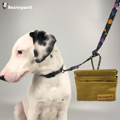 Raisingwell Dog Treat Pouch, Brown Pocket Sized Pet Training Pouch, Cotton Fabric, Hand Free Dog Walking Bag with Carabiner, Self-Closing Pet Feed Snack Reward, for Puppy Travel or Outdoor Use