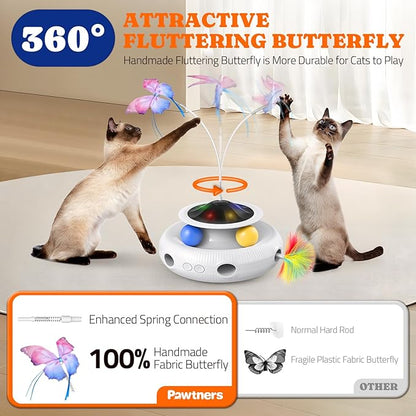 Interactive Cat Toys 3 in 1 Automatic Cat Toy for Indoor Cats, Electric Kitten Toy with USB Rechargeable, Self Play Kitty Toys with Spinner Fluttering Butterfly, Track Ball and 2 Ambush Feathers
