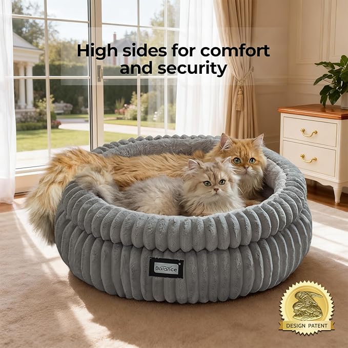 BALANCE Cat Bed Kitten Bed, Washable Round Cat Beds for Indoor Cats,Super Soft Plush Faux Fur Pet Bed for Puppy and Kitten with Anti-Slip Bottom