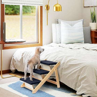 BRIKY 19.5" H Dog Stairs for Small Dogs, Non-Silp Wooden Dog Steps for Bed and Couch, Foldable 3-Step Pet Stairs for Medium Dogs and Old Cats, No Assembly Required