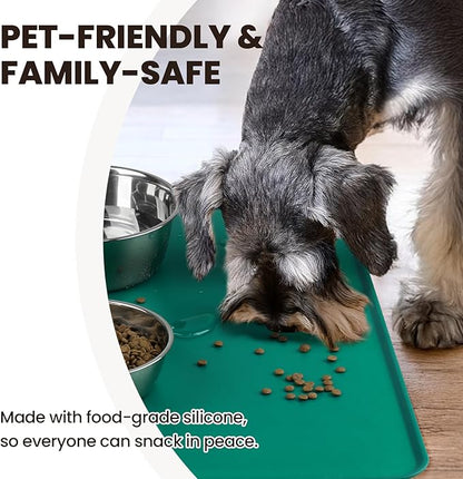 VIVAGLORY Dog Food Mat Flexmat Dog Bowl Mat, Placemat Food Tray with Raised Edges & Lip for Indoor Floor, Non Slip Waterproof Silicone Dish Placemat for Cat & Pet, L, Deep Green