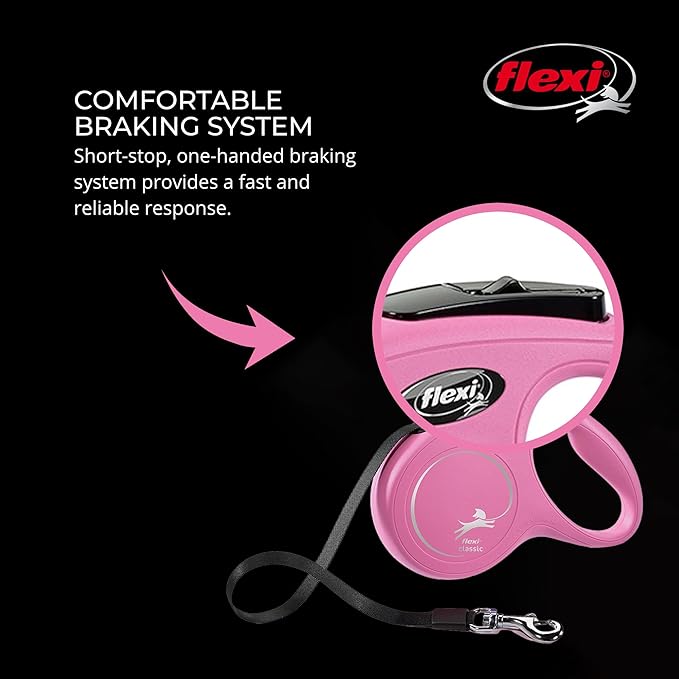 FLEXI New Classic Cord Retractable Dog Leash for Small Dogs up to 26 lbs. – 16 ft., Pink | Tangle-Free Pet Walking Leash with One-Handed Brake, Pause, Lock|German Quality Product