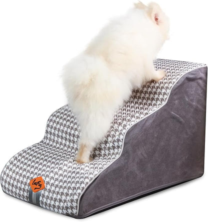 Laifug Curved Dog Stairs for Small Dogs, 3-Step Pet Stairs for High Beds and Couch, Non-Slip Balanced Dog Indoor Step with High Density Foam, Houndstooth Double Layer Dog Staircase