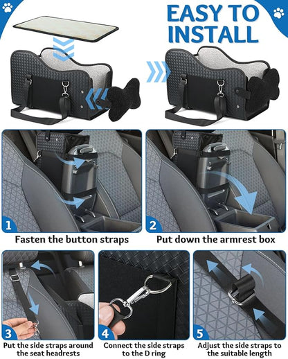 Center Console Dog Car Seat, Pet Car Seat, Armrest Middle Console Booster Travel Carrier for Small Dogs and Cats(Black Leather)