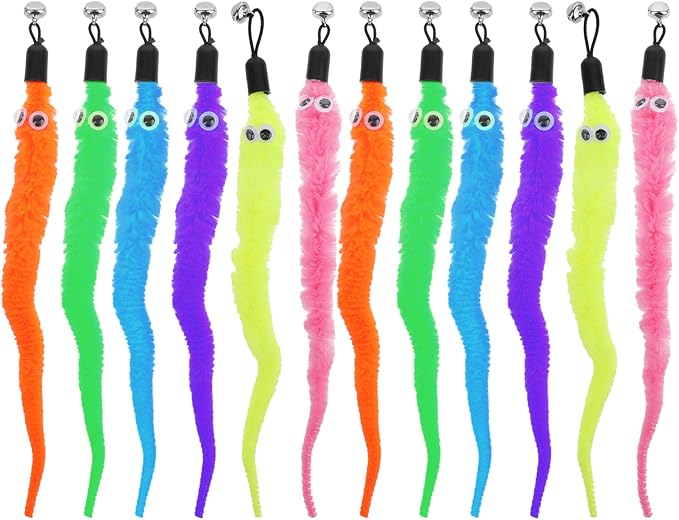 Vin Beauty 12 Pcs Cat Worm Toy Refills Cat Toys Wand Replacement Cat Wand Refills Worm Teaser with Bells Cat Wand Attachments Worm Toy Cat Accessories for Bored Indoor Cats Kitten