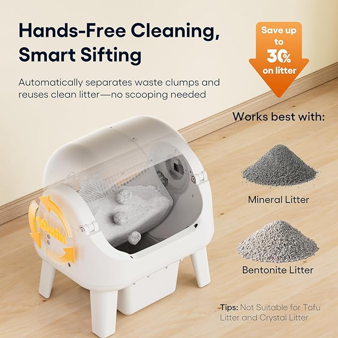 PetPivot Open Top Self Cleaning Cat Litter Box, Automatic Litter Box with 7 Pairs of Safety Sensors, Anti-Pinch Protection and Easy Access Step for Senior Cats, White Grey