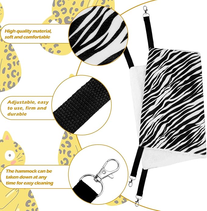 Jetec 2 Pack Cat Hammock for Cage, Catio Accessories Reversible Soft Cats Bed with Adjustable Straps and Hooks Double-Sided Linen and Fleece Hanging Hammock for Cats, Kitten(Zebra, Tiger Stripes,M)