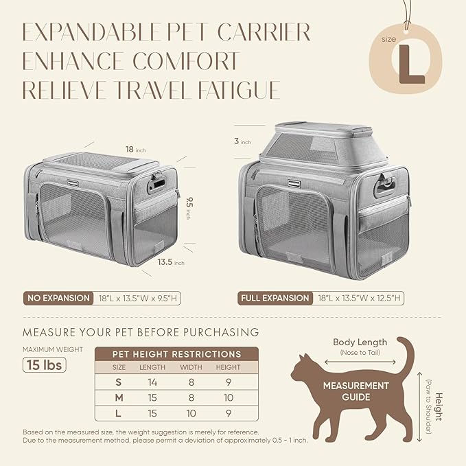 Top-Expandable Pet Carrier with Treat & Pet Window,18x13x9.5 Inch Southwest Frontier Airline Approved,Soft-Sided Dog Carrier for Small Dogs and Cats,Travel Cat Carrier with Locking Safety Zippers