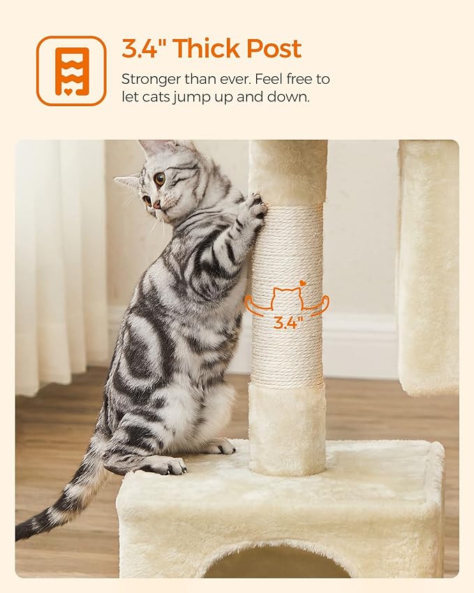 Feandrea Cat Tree, 33.1-Inch Cat Tower, Plush Condo for Large Cats up to 16 lb, Large Perch, 2 Caves, Scratching Post, Beige UPCT61M