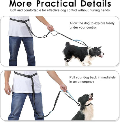 Hands Free Dog Leash, 8.2 FT Waist Leash for Walking, Jogging, Hiking, Adjustable Crossbody Belt with Double Padded Handles, Bungee Car Seatbelt Design for Medium Large Dogs, Black + Blue