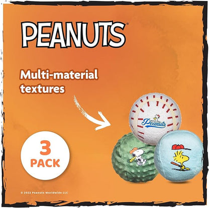 Peanuts for Pets Snoopy The Athlete Multi-Material Dog Ball Toy, 3-Pack - Squeaky, Interactive Dog Toys with Multiple Textures, Perfect for Fetch and Chew - Featuring Snoopy and Woodstock Designs