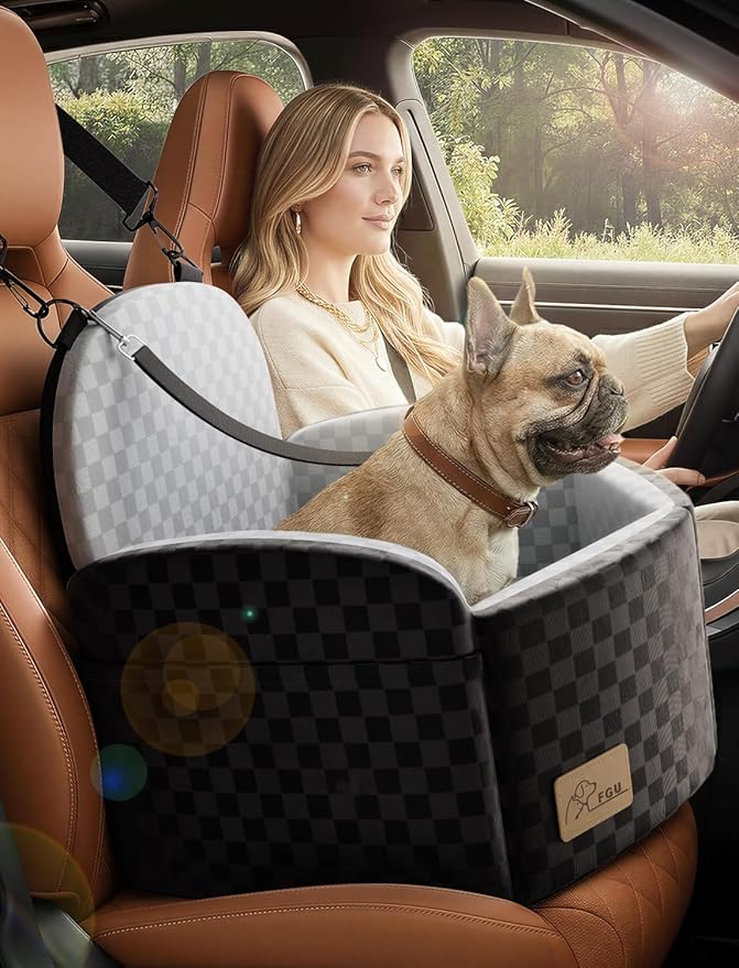 Dog Car Seat for Small/Medium Dogs Up to 35 lbs, Elevated Memory Foam Dog Booster Seat with 2 Safety Belts, Travel Safety Pet Car Seat with Detachable Washable Cover and Storage Pockets (Black/Grey)