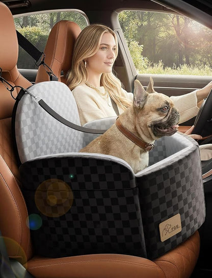 Dog Car Seat for Small/Medium Dogs Up to 35 lbs, Elevated Memory Foam Dog Booster Seat with 2 Safety Belts, Travel Safety Pet Car Seat with Detachable Washable Cover and Storage Pockets (Black/Grey)