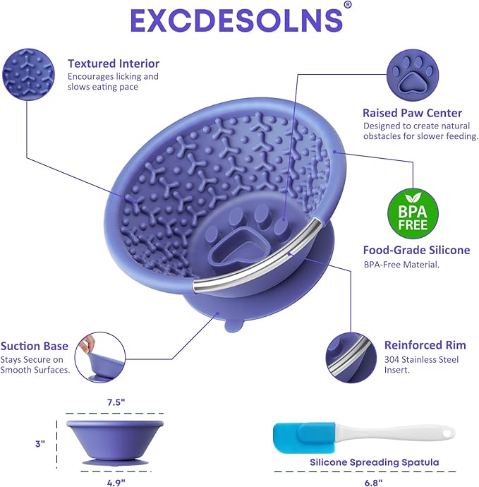 Slow Feeder Dog Bowl with Suction Cup & Reinforced Rim, 3-Cup Puzzle Maze Dog Lick Bowl for Anxiety Relief, Anti-Choking & Non-Slip, BPA-Free Silicone, for Small to Large Breeds (Purple)