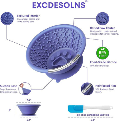 Slow Feeder Dog Bowl with Suction Cup & Reinforced Rim, 3-Cup Puzzle Maze Dog Lick Bowl for Anxiety Relief, Anti-Choking & Non-Slip, BPA-Free Silicone, for Small to Large Breeds (Purple)