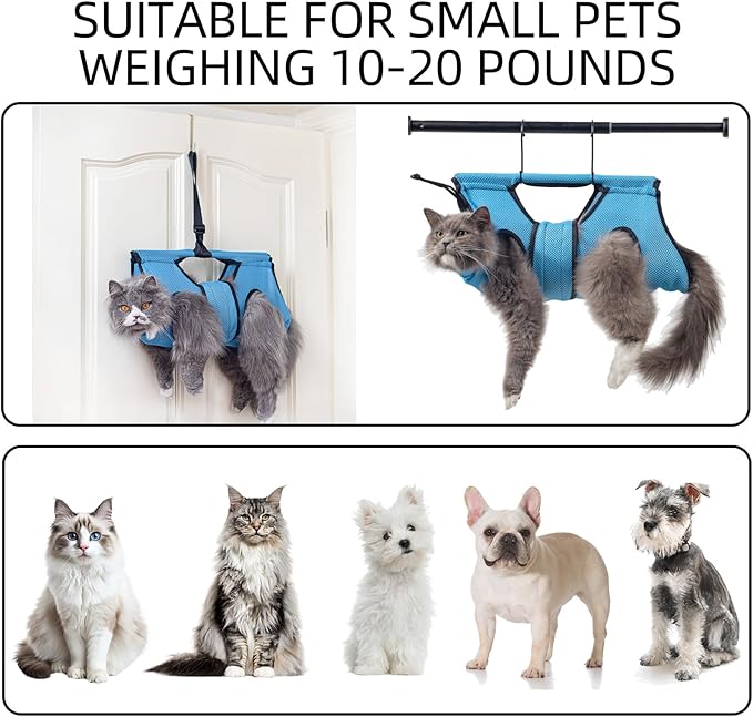 Pet Grooming Hammock for 10-20 lbs Pets - Door-Hook Hanging, Adjustable Height with Full Straps, Machine Washable, 1 Tool Bag Included, Blue