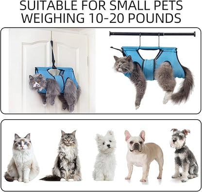 Pet Grooming Hammock for 10-20 lbs Pets - Door-Hook Hanging, Adjustable Height with Full Straps, Machine Washable, 1 Tool Bag Included, Blue