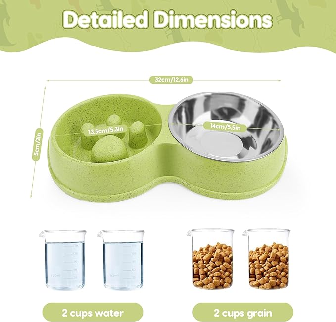 Pets Double Slow Feeder Bowls, Cats & Dogs Food Water Bowls, Stainless Steel Puppy Food and Water Dishes Non-Skid, Pet Feeding Bowl for Small Dogs Puppy Cat (Green)
