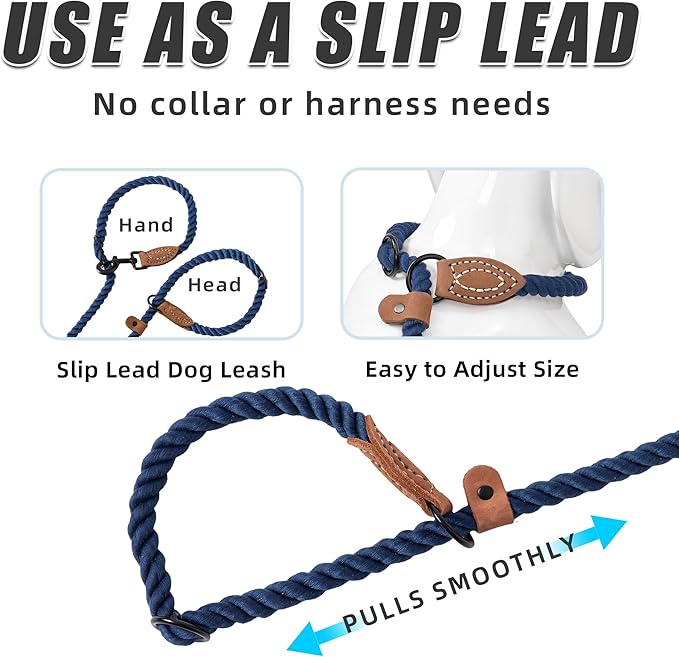 Mile High Life Hands Free Dog Leash, Crossbody Waist Leash with Genuine Leather Connection, Multifunctional Adjustable Slip Lead for Dog Walking Running (Navy Blue, 7FT)